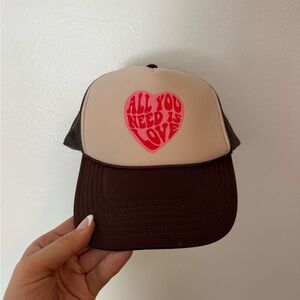 Brown and Cream Trucker Hat with Red Heart Design